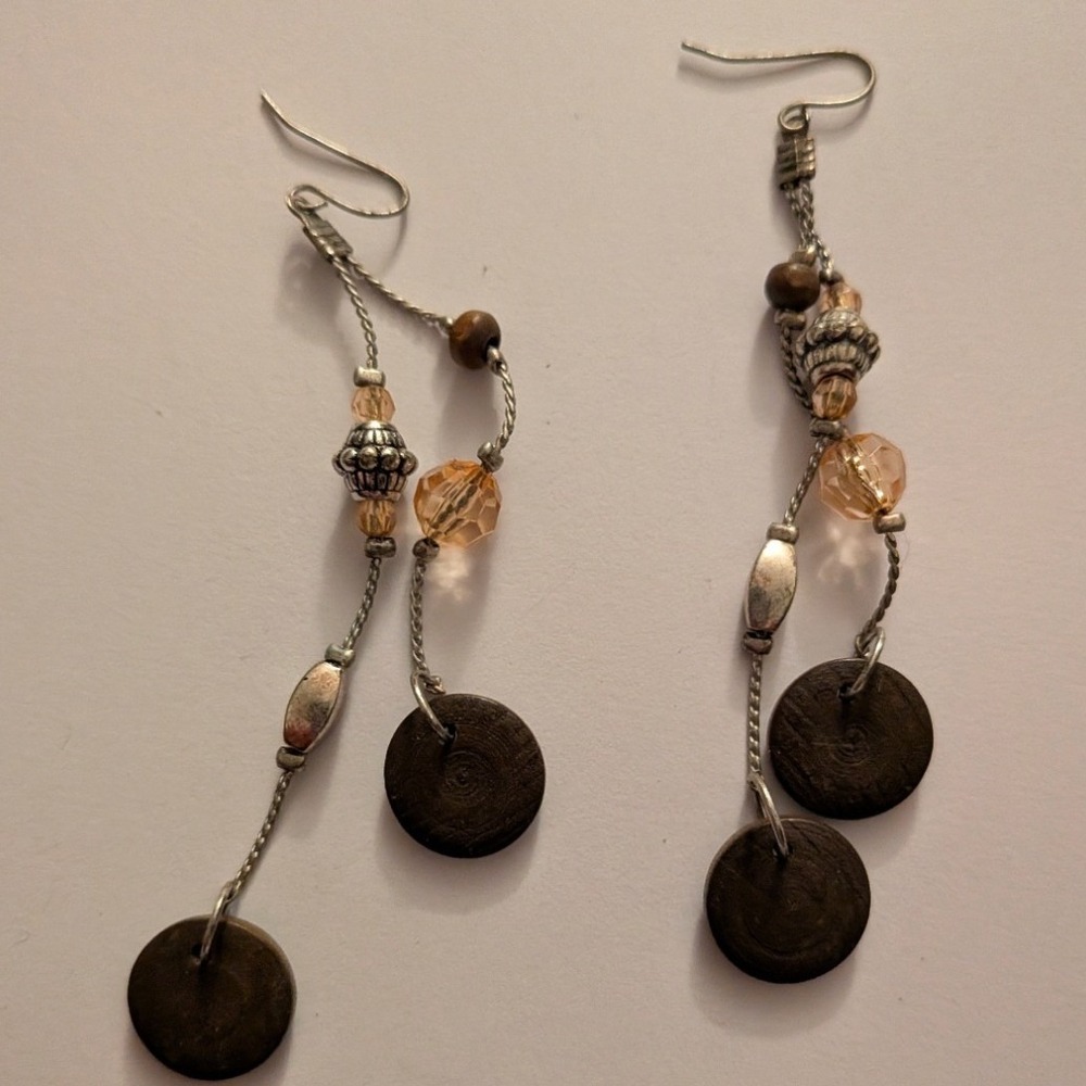 Boho Wood and Amber Bead Silver Tone Tiered Dangle Drop Earrings Women